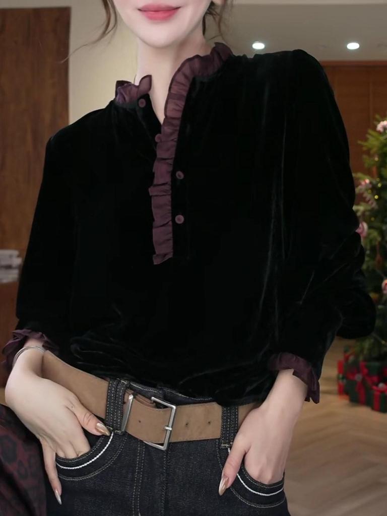 French Velvet Patchwork Lace Long Sleeve Shirt - Plus Size Slimming Loose Fit for Autumn/Winter 2025