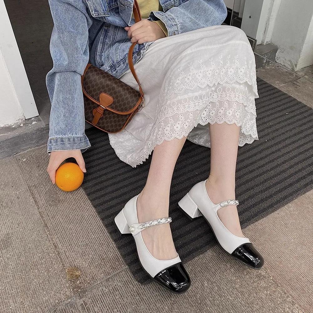 Fashion 2025 Spring New Women's Mary Jane High Heels Autumn French Retro Style Colorblocked Thick Heel Round Toe Single Shoes for Women