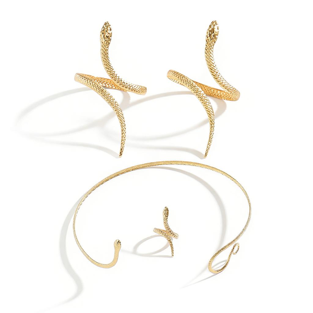 Vintage Metal Jewelry Set Snake Design Arm Cuffs Necklace Rings Gift for Woman Friend