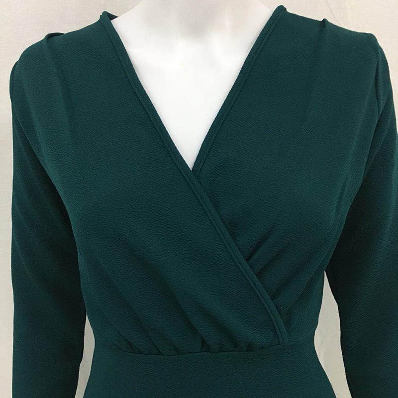 IELGY New Product Women's Dress Explosion Style Deep V Pleated Hip Bag Long Sleeve Solid Color Dress