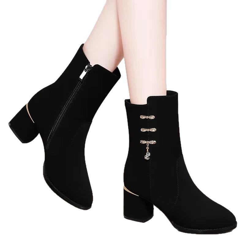 French thick heel medium boots women's autumn and winter new medium heel velvet snow boots short thermal Martin boots