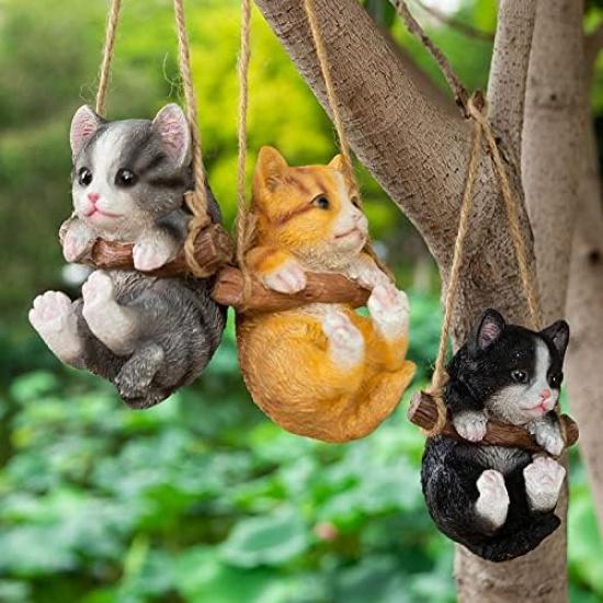 Resin Cute Swing Small Cat Sculpture Outdoor Garden Home Office Room Hanging Decor Statue Figurine Pet Ornament Decoration with String (Gray)