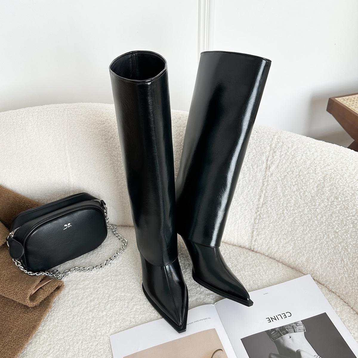 

6900-2 Internet celebrity fried street pointed high-heeled trouser boots women s knight boots but knee skinny legs slender heels boots women s boots 35 чёрный