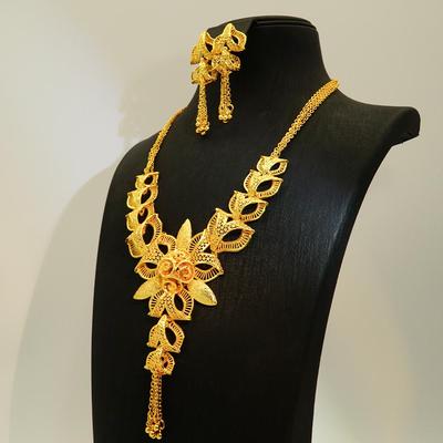 Pozlacená svatební sada náhrdelníku a náušnic 24K - Nový styl, květinový design pro ženy