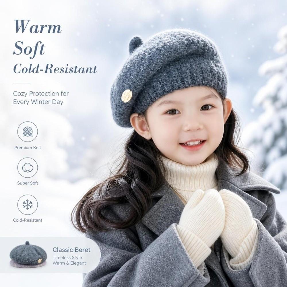 Solid Color Woolen Beret Hat Warm Lining Kids Winter Beanie Cute Winter Beret Cap  Toddler Girls