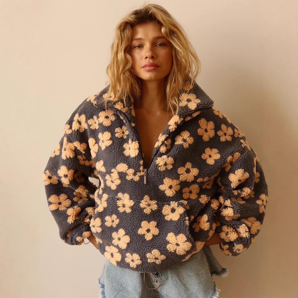 2025 Winter Autumn Women's Fleece Floral Sweatshirt Fashion Warm Fuzzy Pullover Top