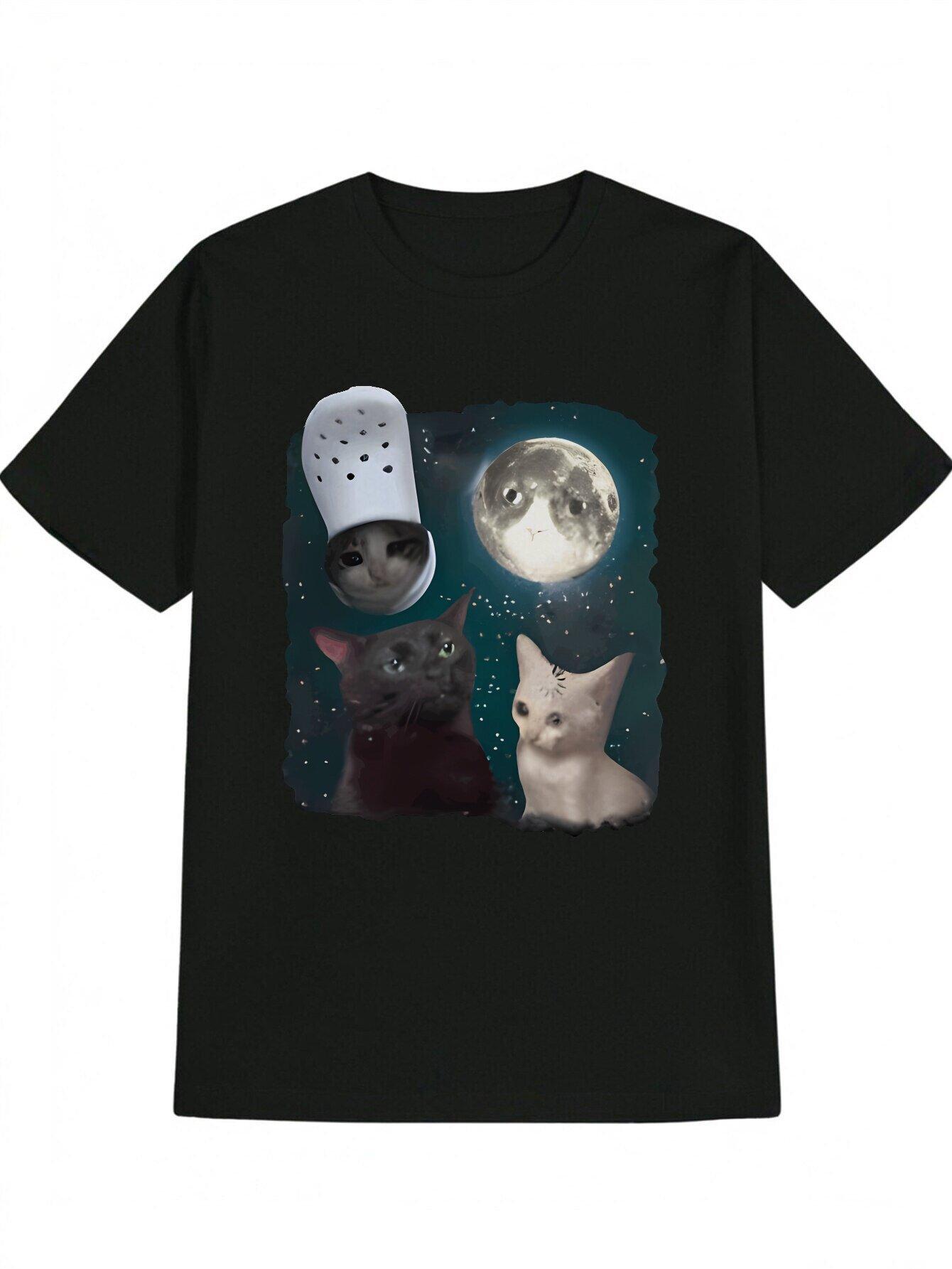 Casual Crew Neck T-shirt with Cat and Moon Print XXXL