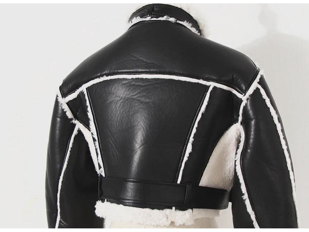 2023 Women's Motorcycle Style Leather Jacket - Short, Fur-Integrated, Cotton Outerwear
