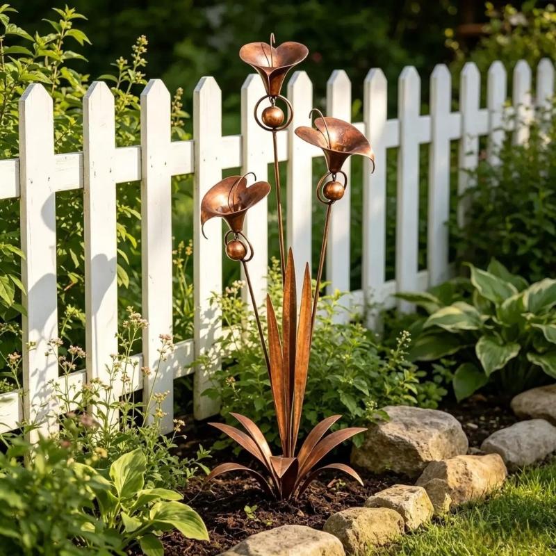 Elegant Copper Calla Lilies Wind Chime Stake With Delicate Bells Included For Backyard Garden Decoration 75cm Height