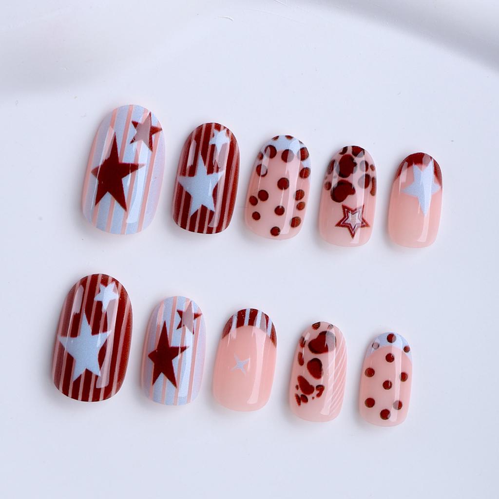24pcs French False Nails with Star Prints Design Retro Polka Dot Press On Nails for Women Daily Wear