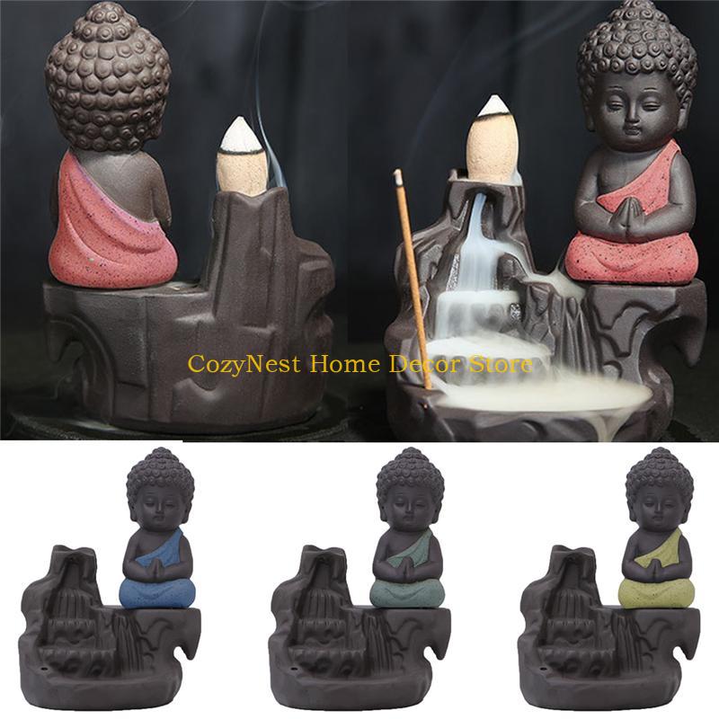 92MF Ceramic Little Monk Smoke Backflow Cone Censer Holder Incense for Burner Decorat