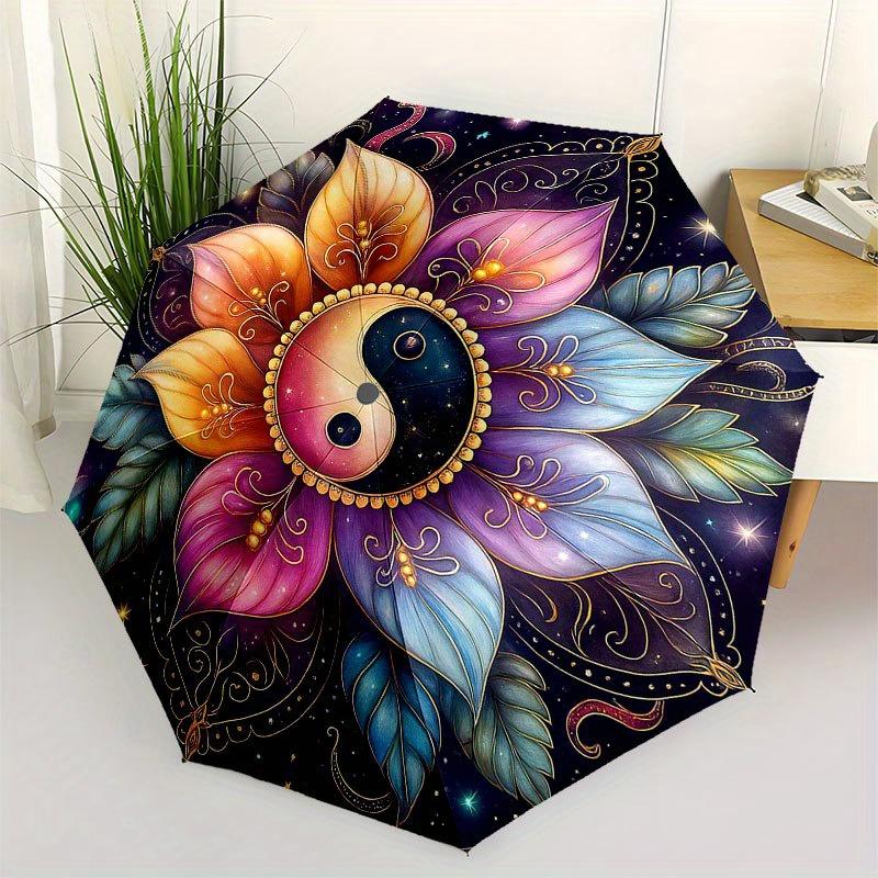 Yin Yang Lotus Mandala Wall Art Decor Umbrella, Cute Umbrella with Cute Design, Portable 3-Fold Compact Umbrella for Men & Women, Valentine's Day Moth