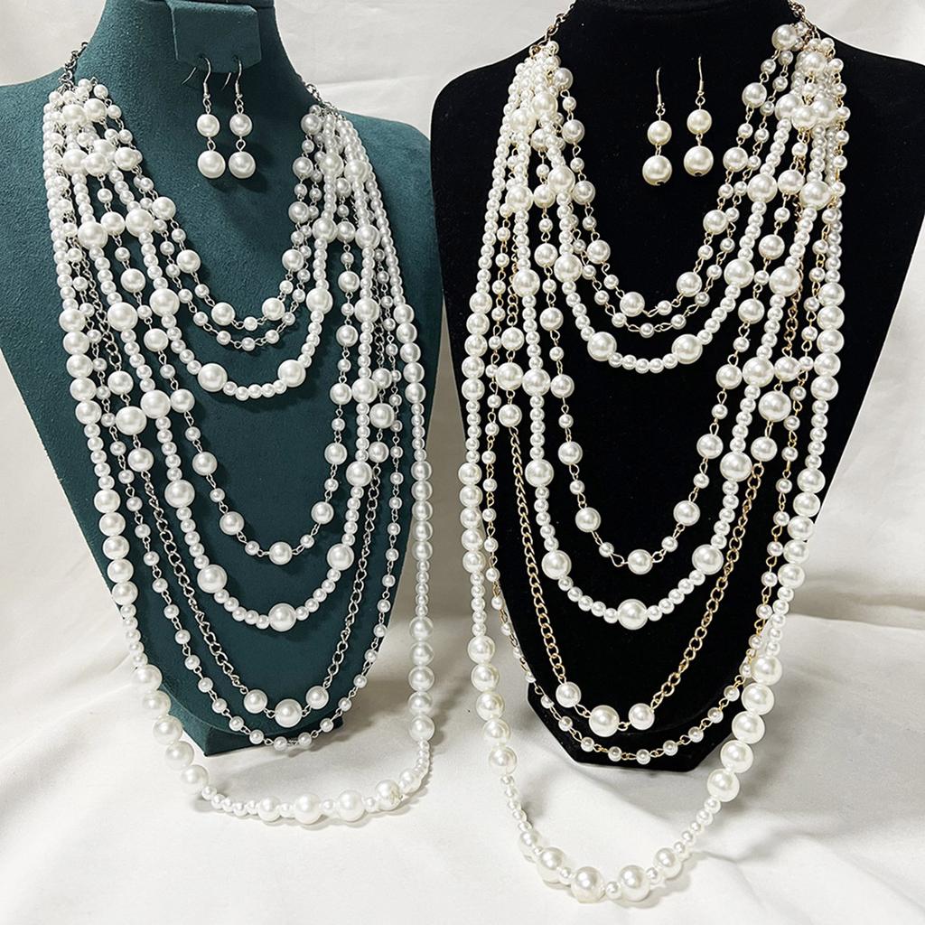 Stylish Simulated Pearls Chain Necklace and Earrings Set Women Elegant Jewelry Set Drop Earrings Perfect for Parties