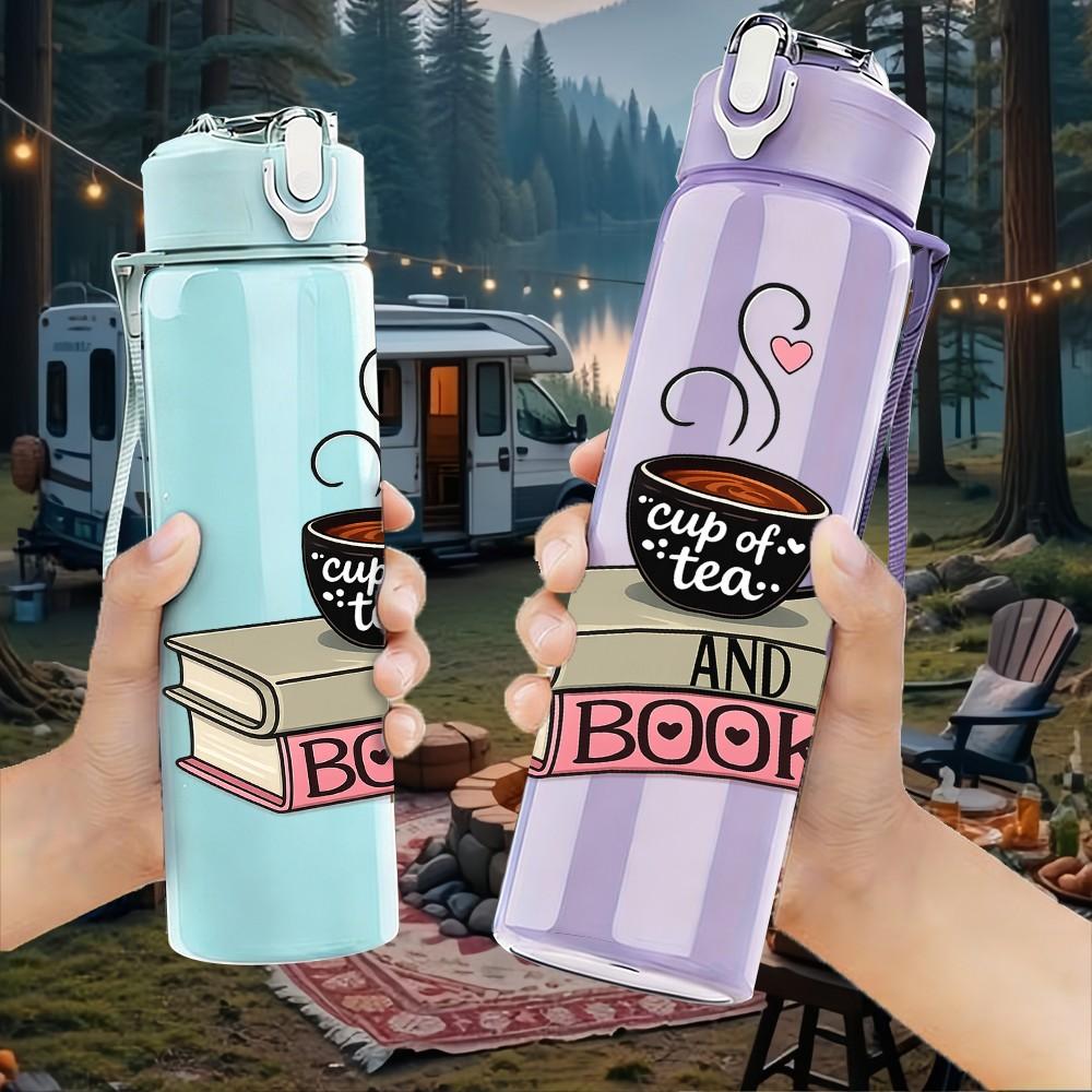 1PC Coffee Cup Stack Book Art Print 750ml Color Plastic Sports Water Bottle Leakproof Flip Straw Lid Suitable for Sports Office Home Use
