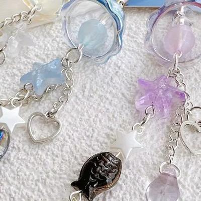 Cute Sweet Glass Starfish Fish Wind Chime Mobile Phone Chain Lanyard Keychain Pendants Backpack Keyring Bag Hang Ornaments Gifts