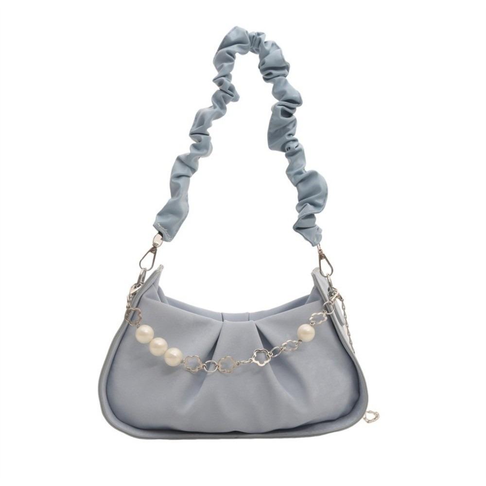 PU Leather Cloud Shoulder Bag Korean Style Pleated Handbag Pearl Chain Crossbody Bag  Office Worker