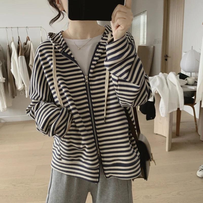 

Пальто для жінок Бавовна Осінь Смужки Потовщене Повсякденне Оверсайз М яка Куртка з капюшоном на блискавці M синій