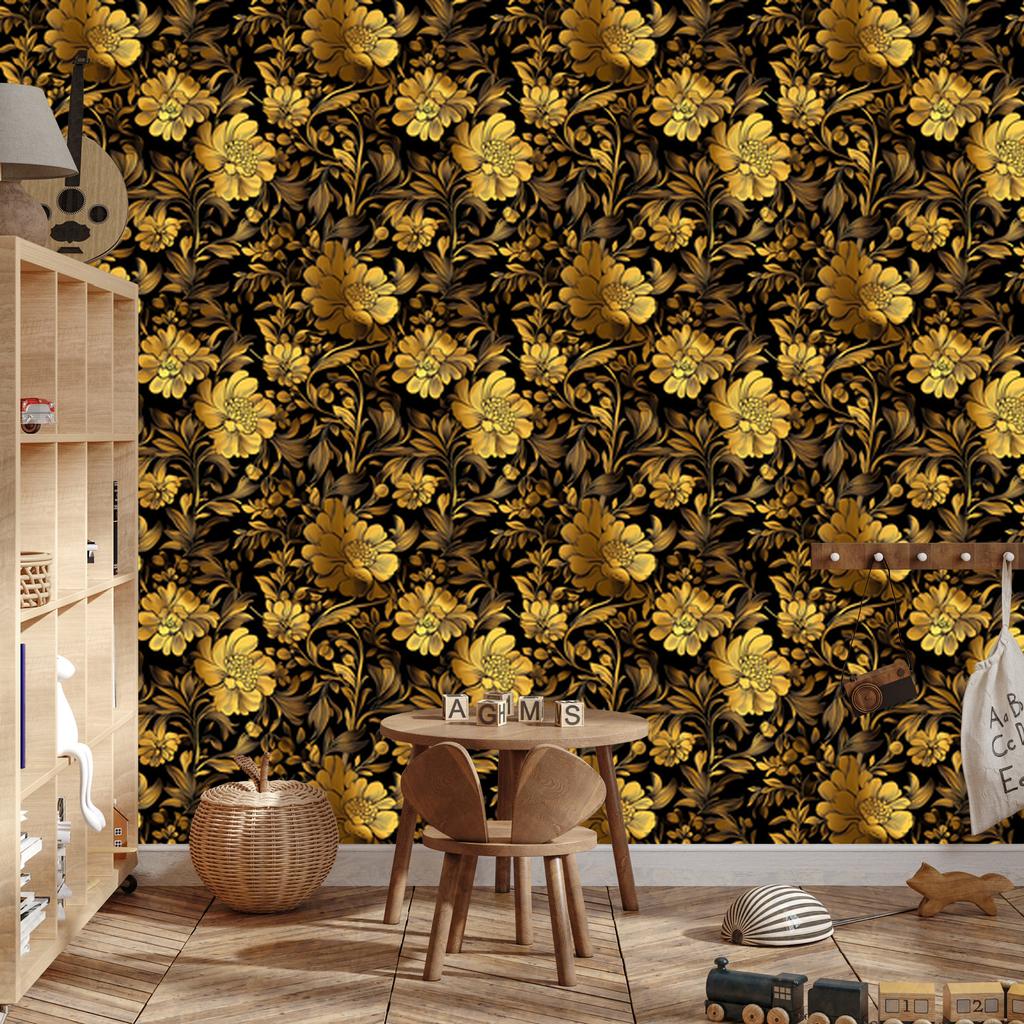 Golden Hibiscus Ochre Wallpaper, Soft Forms for Living Room and Bedroom 50x1000