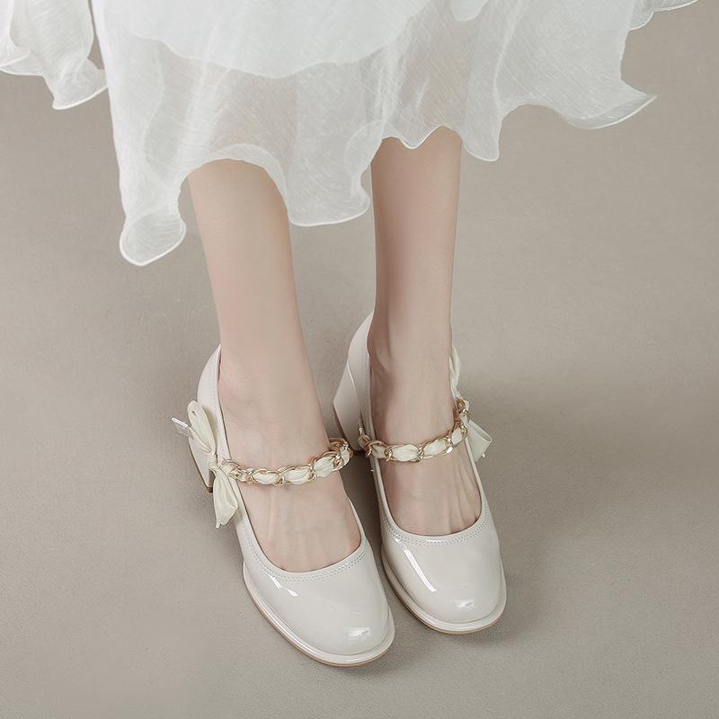 Family Season High Heels Women's Mary Jane Shoes Spring Bow Thick Heel Shoes Light Mouth Single Shoes
