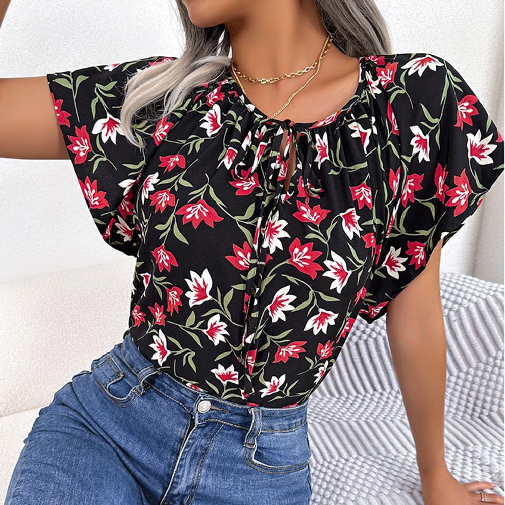 Frauen Frühling Sommer Lose Rüschen Spitze Up Chiffon Top Für Damen O Neck Fliegende Ärmel Floral Blusen