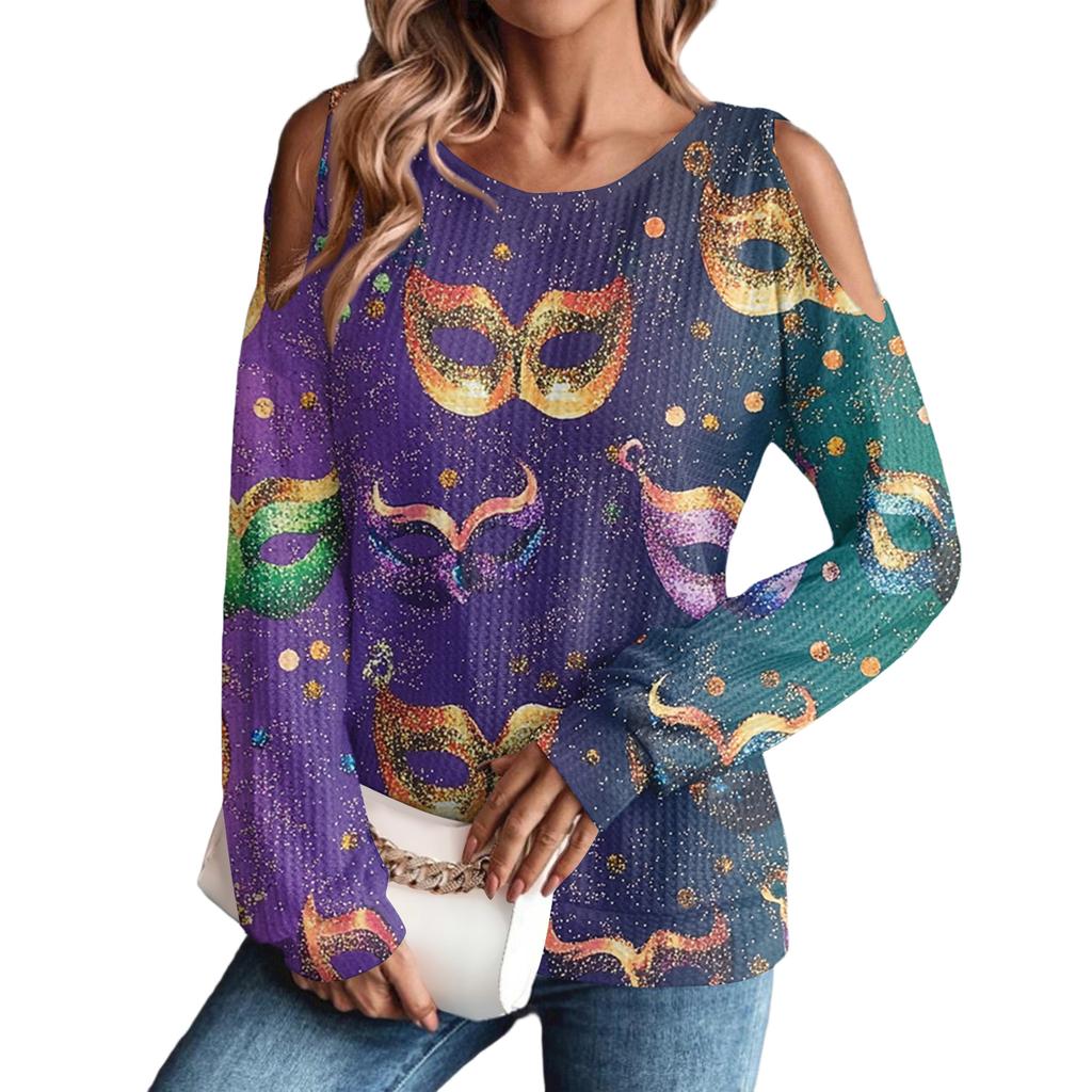 Women's Winter Oversized T-Shirt Fashionable Off-the-Shoulder Round Neck Vintage Floral Print Pullover Long-Sleeved Top