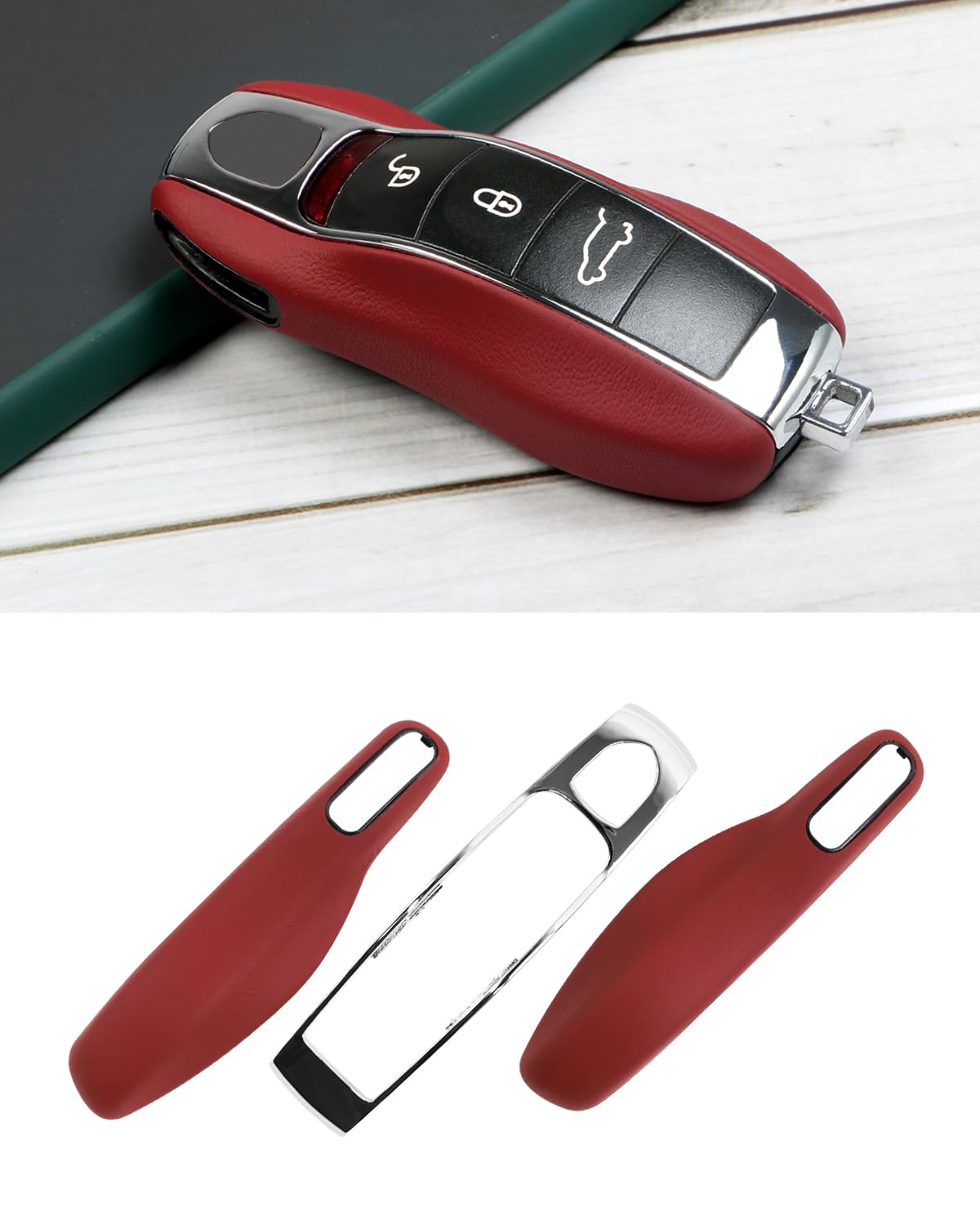 

Leather Key Key Car Key Protector for Porsche 718 Case, Cover, Macan, Cayenne, Panamera, 911, Boxster, Cayman, (Red)