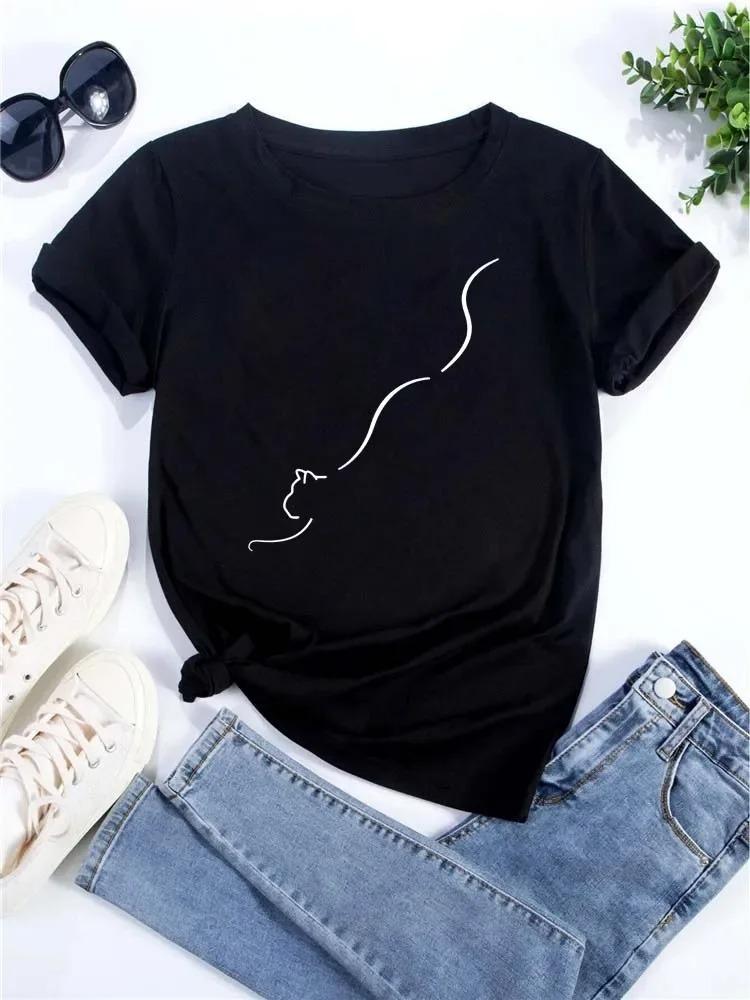 New Cute Love Heart Cat Print Women T-Shirt Casual Short Sleeve Top Summer Women's Clothing Cartoon Streetwear Y2k Clothes