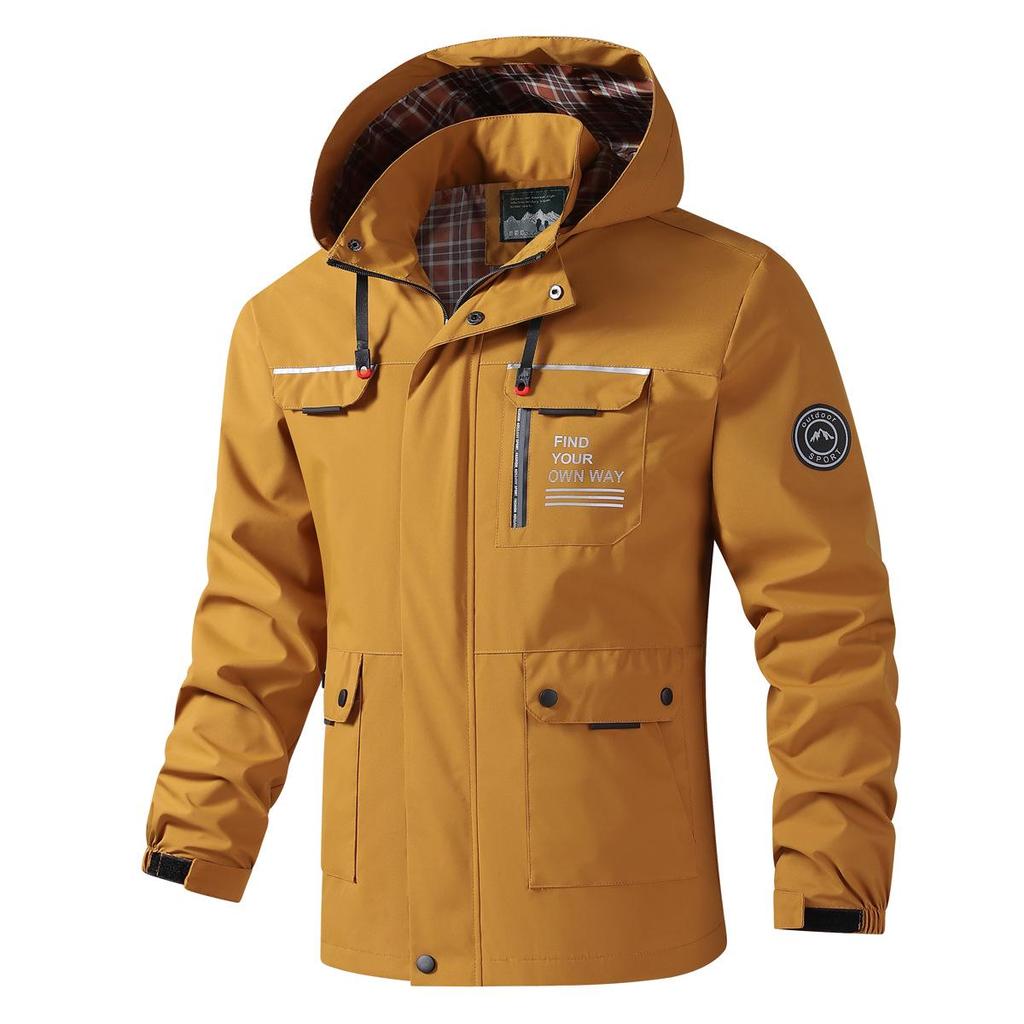Evropská velikost Pánská nepromokavá větrovka - Lehká, větruodolná, s kapucí, outdoorová bunda pro horolezectví.