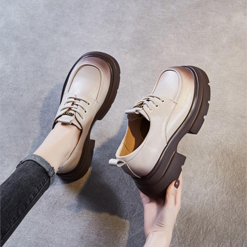 Johnature Thick Soled Genuine Leather Women's Shoes Versatile Lace Up British Style Height Increasing Pumps