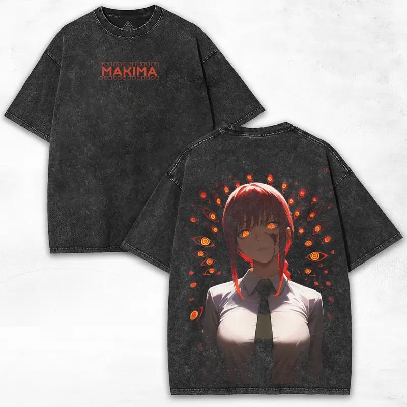 Manga Chainsaw Man Makima Print Tee Men Women Short Sleeve Clothing Washed Cotton T-shirt Vintage Casual T Shirt Harajuku Tshirt