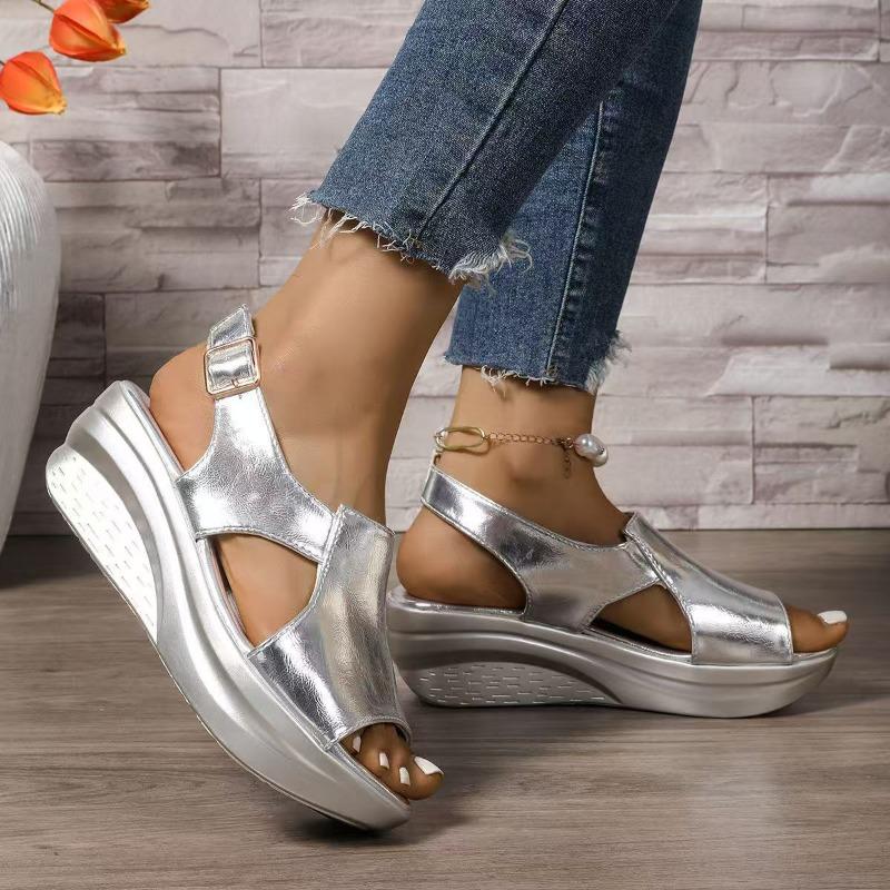Women's Wide Width Platform Sandals, Single Buckle Wedge Heel Slides, European Summer Beach Shoes for Women