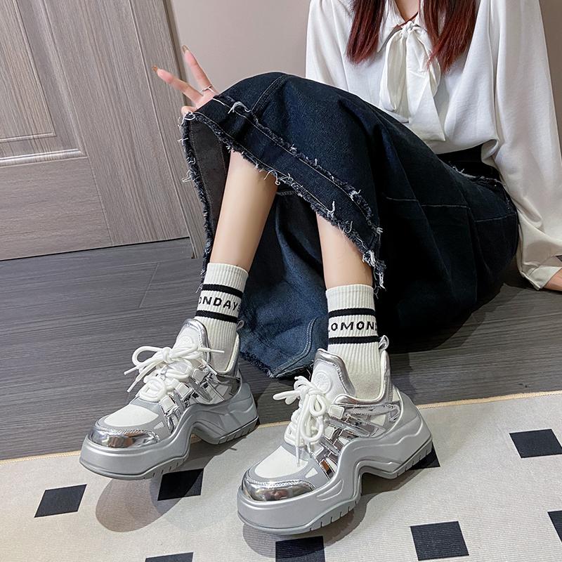 Fashion Women Silver Sneakers Lace Up Platform Brand High Quality Casual Sports Thick Bottom Shoes Outdoor Running Tennis Shoes 35-40