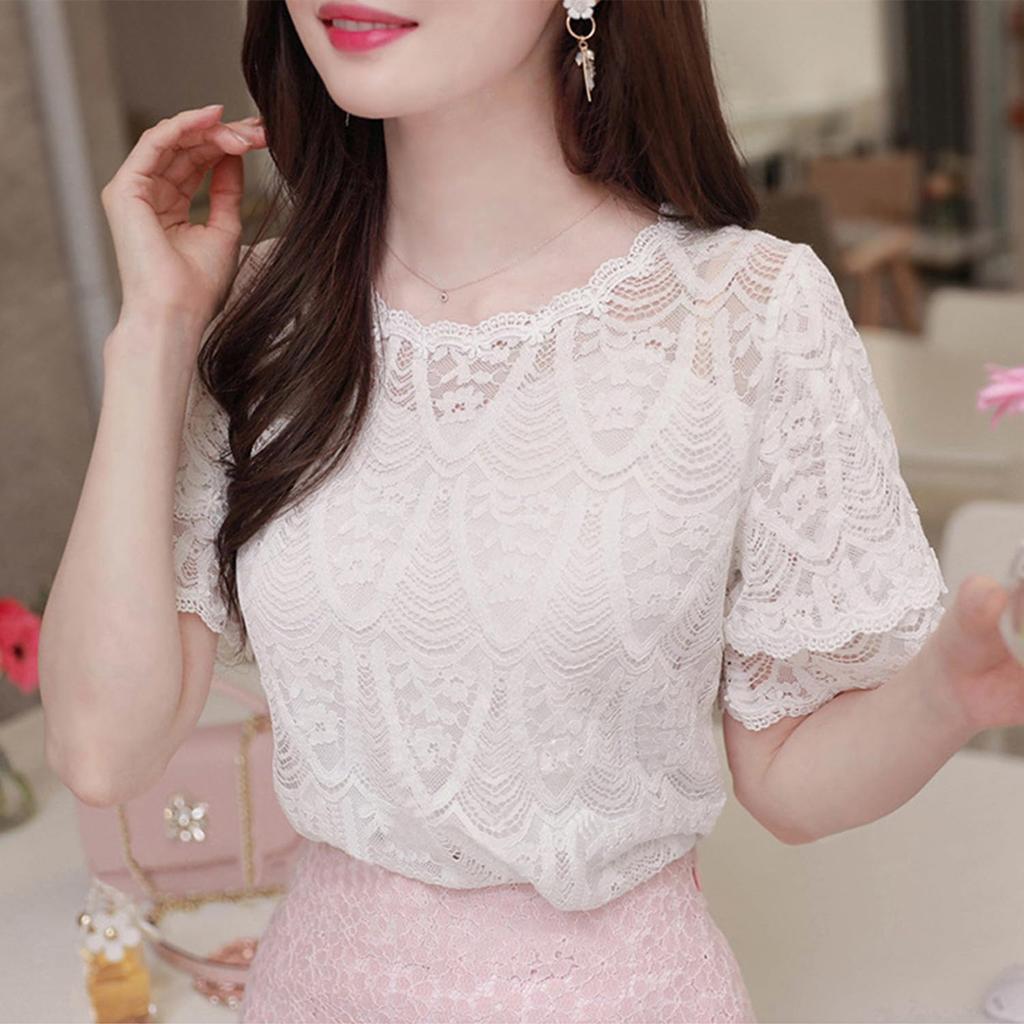 Spitzenbluse Kurzarm Geblümt Sommer Voluminös Ausgehen [SYitong] Damen, Sommer, Oberteil, Muster, Stickerei, U-Ausschnitt, Figurschmeichelnd, Niedlich, Kleidung,