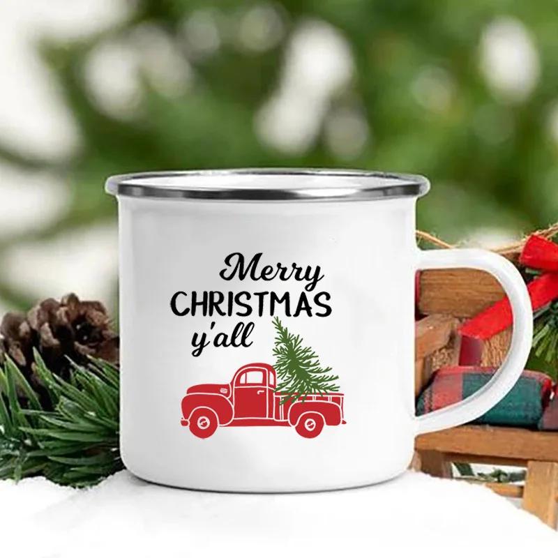 Merry Christmas Print Creative Enamel Coffee Tea Wine Drink Mug Dessert Hot Cocoa Milk Cup Cake Mugs Handle Drinkware Xmas Gifts