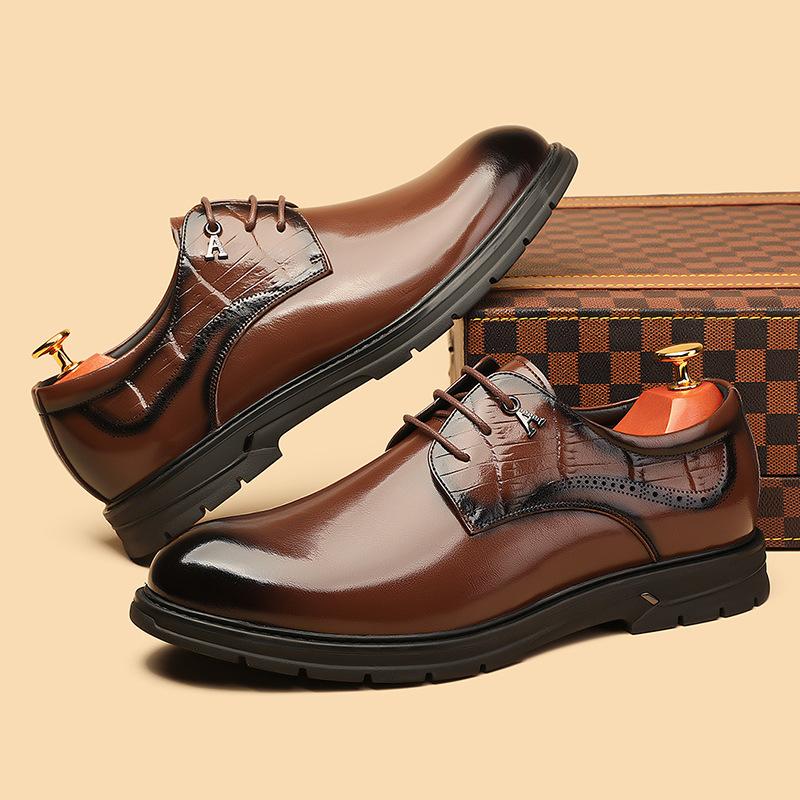 Brock Men's Shoes Leather Breathable British Style Casual Business Black Formal Leather Shoes Men's Lace-up Groom Wedding Shoes