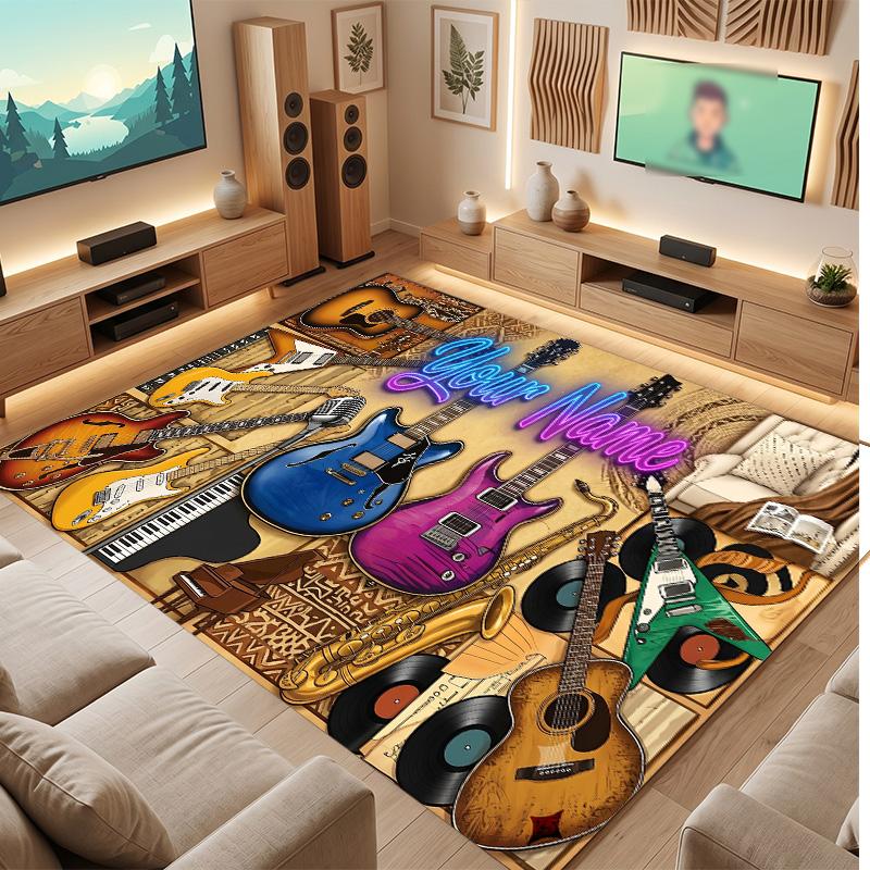 Music Theme Soft Crystal Velvet Rug Custom Name & Text Print Non Slip Floor Rug for Bedroom Living Room