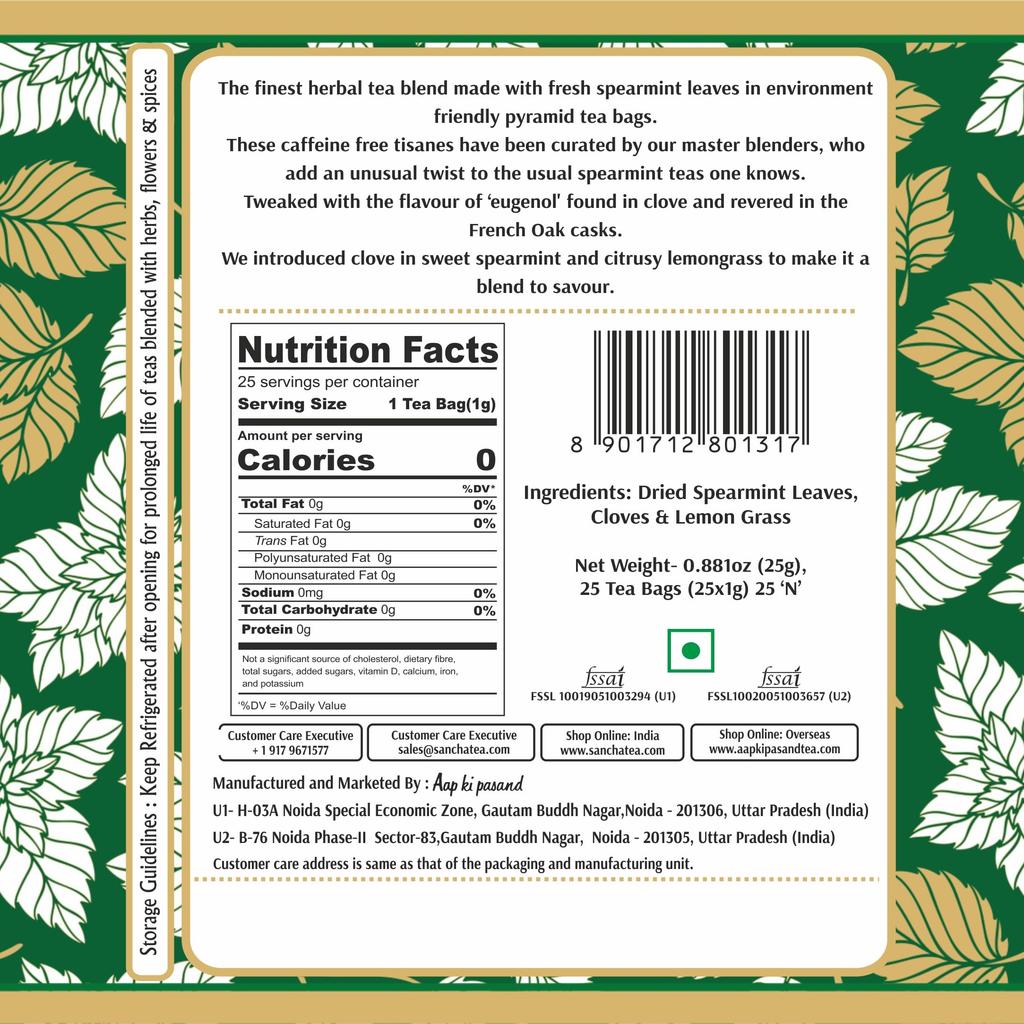 Sancha Tea Boutique, Spearmint Herbal Tea, 25 Pyramid Tea Bags,Pure Spearmint Tea With Cloves & Lemongrass, Tea For Pcos & Pcod, Naturally C