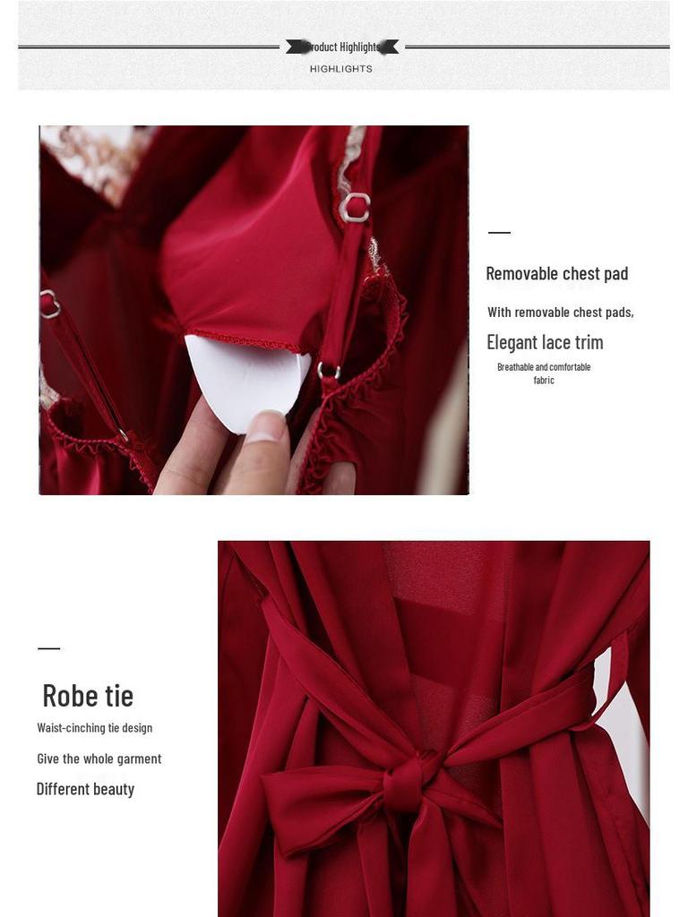 Women’s Ice Silk Pajama Set - 5-Piece: Robe, Camisole, Silk Bottoms, Chest Pads - Lightweight, Sexy, All-Season Home Wear