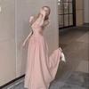Pink Suspender Dress Women's Summer New Coffee Break Platycodon French Niche Retro Small Flying Sleeve Long Dress Vacation Style