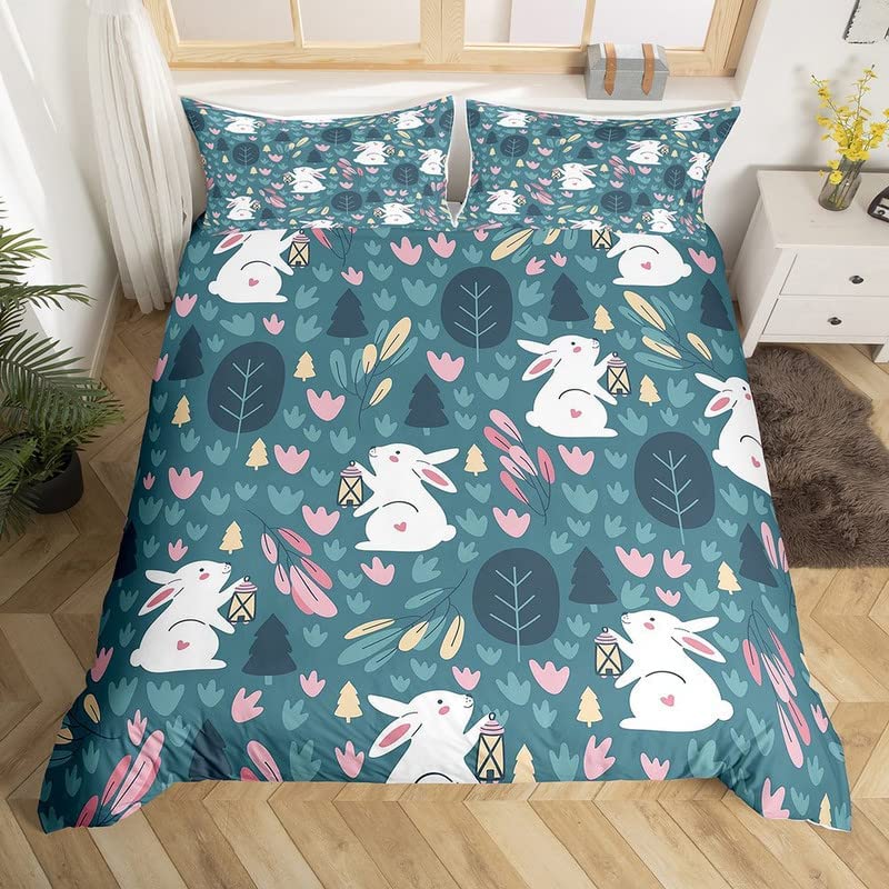 Cartoon Rabbit Duvet Cover Twin Cute Animal On The Moon Quilt Cover Microfiber Cloud Galaxy Space Bedding Set for Boy Girl Gift