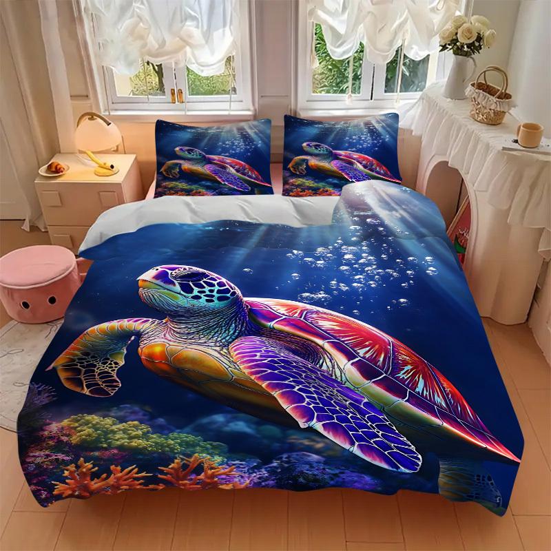 3pcs Sea Turtle Print Duvet Cover Set, Cover For Bedroom Guest Room (1 Duvet Cover + 2 Pillowcase, Without Quilt),  yy250922100