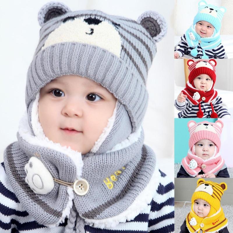 Winter Kids Baby Girls Boys Cartoon Bear Stripe Knit Hat Cap Woolen Yarn Scarf  Hat Keep Warm Set For Outdoor