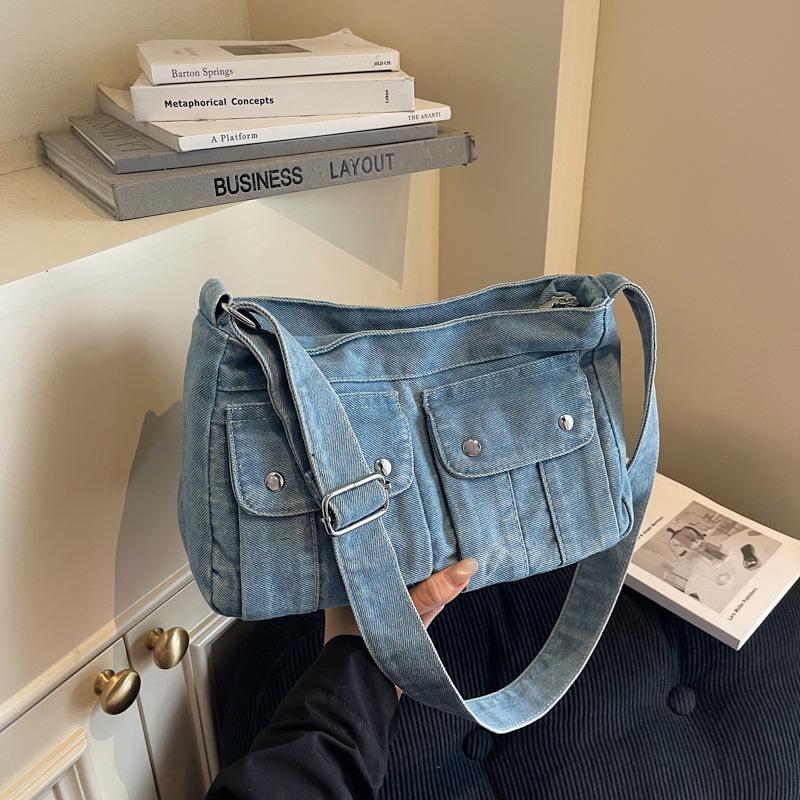 Large Capacity Denim Tote: Japanese & Korean Style, Workwear-Inspired, Versatile Daily Commute & Sports Crossbody Bag