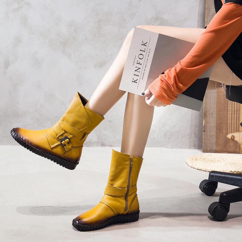 Moda GKTINOO 2025 Botas Femininas Inverno Quente Couro Feito à Mão Retro Botas Baixas Sapatos Baixos Botas de Couro Genuíno para Mulheres