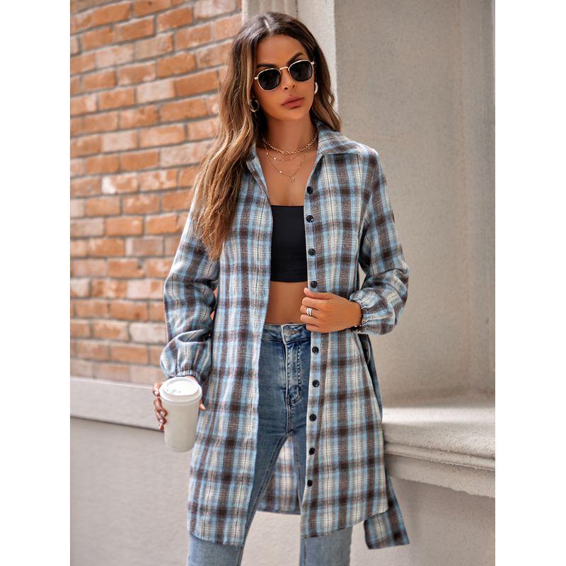 

Casual Shirt Dress Fall and Winter Fashion New Arrival Women s Casual Shirt Plaid Single-Breasted Long Sleeve Dress Blue XL