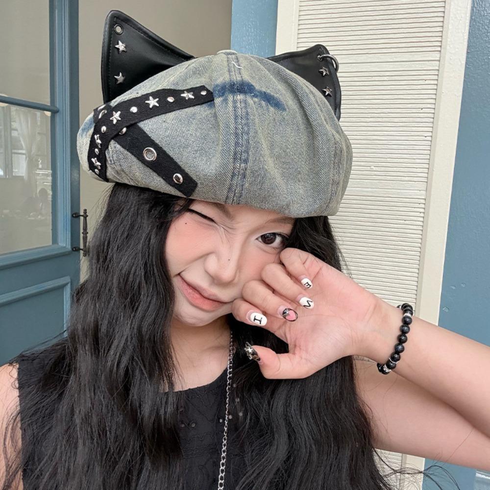 

New Design Denim 3D Cat Ear Hat Y2K Breathable Octagonal Baseball Cap Studded Cat Ear Beret One Size білий