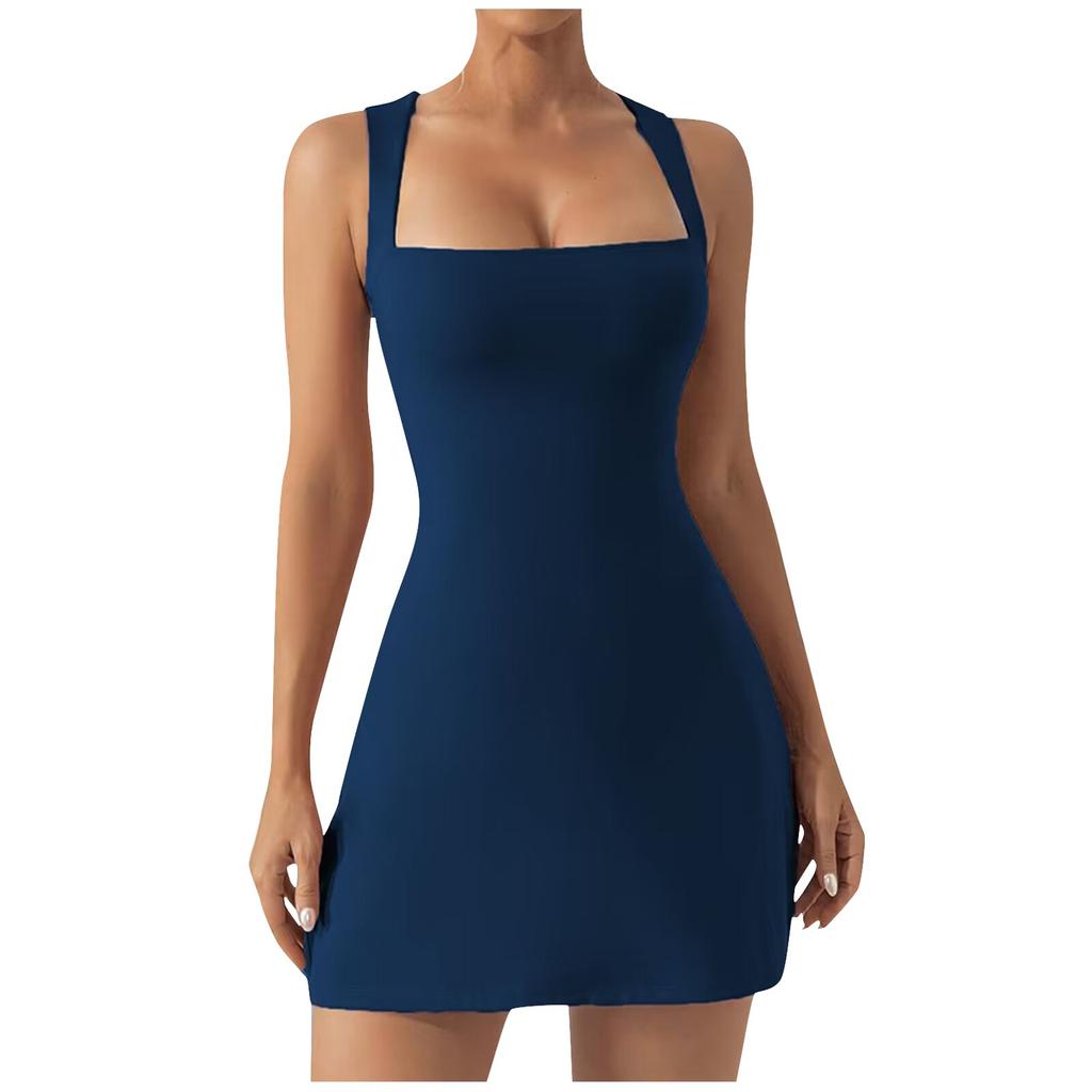 Women's Square Neck Sleeveless Fitted Dress with Straps for Summer