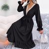 Women Summer Lace Up V Neck High Waist A Line Dress Solid Color Ruffle Edge Spring Fashion