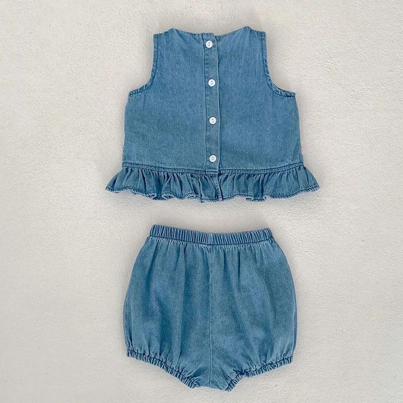 2025 New Summer 0-3Yrs Children Clothes Suit Sleeveless Solid Color Denim Vest+Shorts Newborn Baby Girls Clothing Set