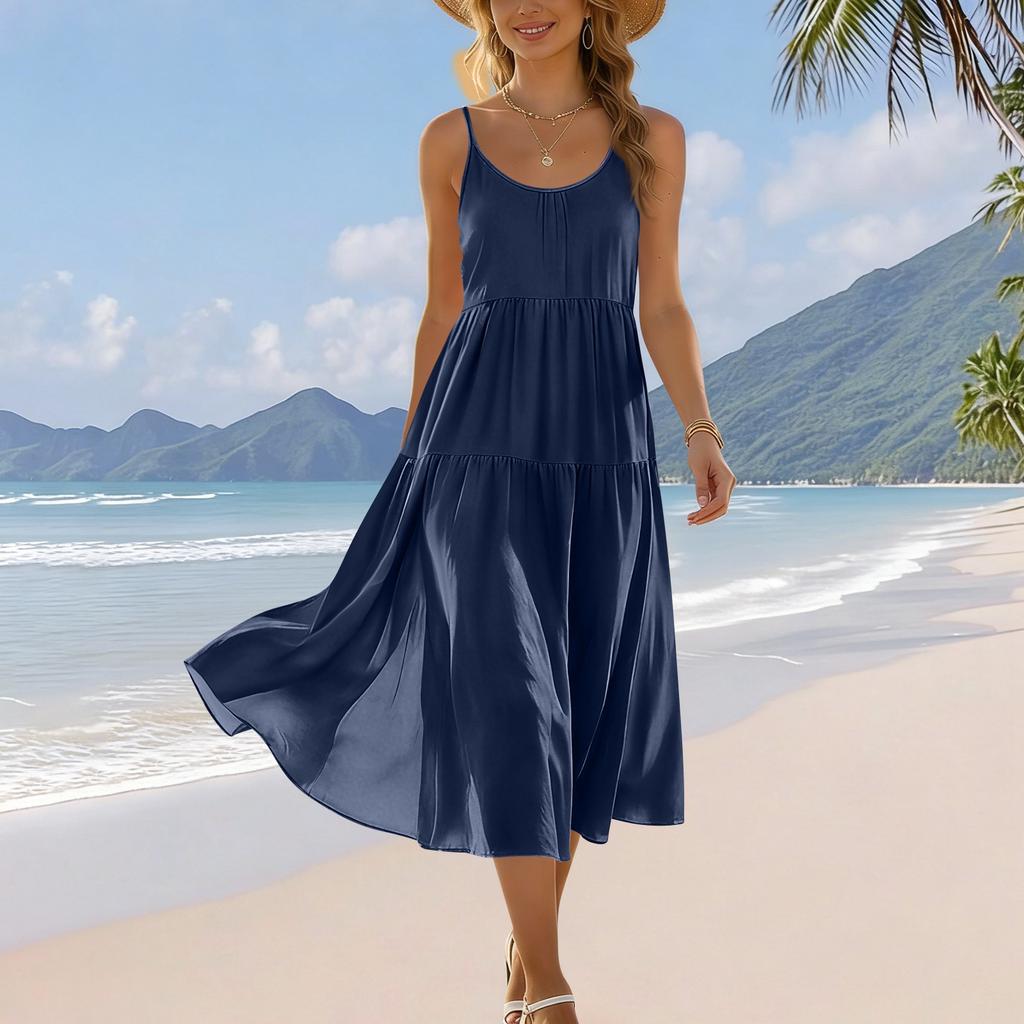Zomerjurk voor dames, mouwloos, met verstelbare bandjes, bohemien, midi, met zakken, voor strandvakantie, casual kleding